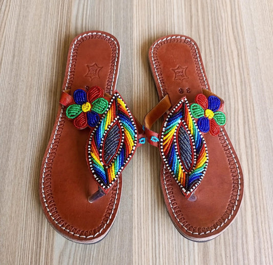 Handmade African Beaded Sandals/Authentic Maasai-Style Leather Flip-Flops Women/Boho Beach Sandals/Comfortable Summer Sandal African Gifts