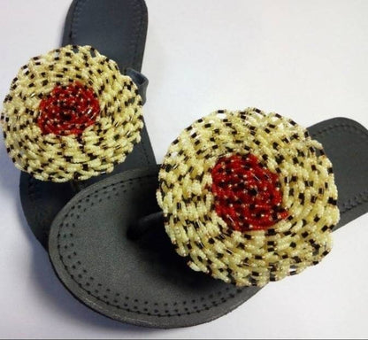 Handmade African Beaded Sandals/Authentic Maasai-Style Leather Flip-Flops Women/Boho Beach Sandals/Comfortable Summer Sandal African Gifts