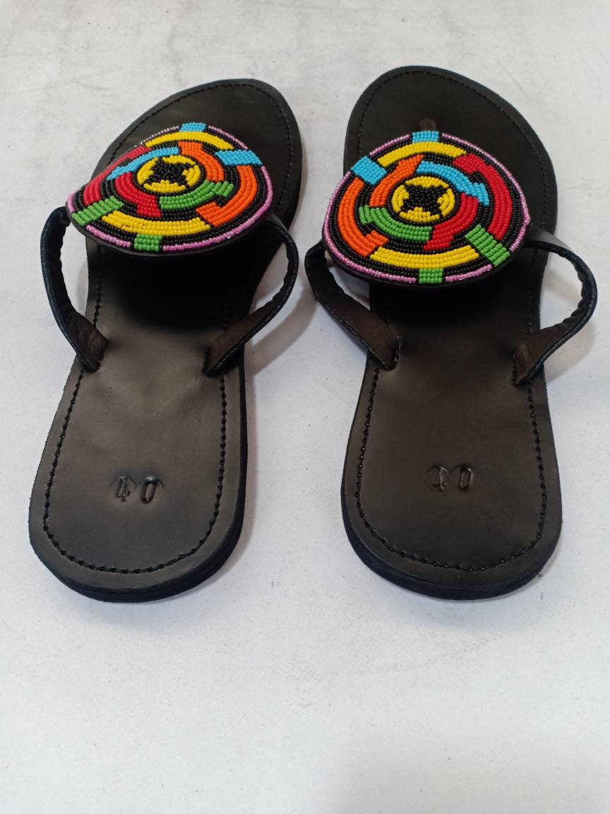 Handmade African Beaded Sandals/Authentic Maasai-Style Leather Flip-Flops Women/Boho Beach Sandals/Comfortable Summer Sandal African Gifts