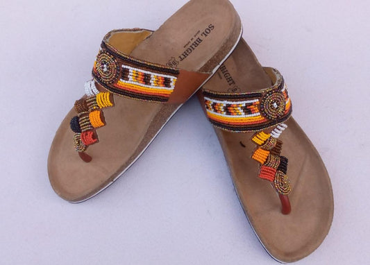 Handmade African Beaded Sandals/Authentic Maasai-Style Leather Flip-Flops Women/Boho Beach Sandals/Comfortable Summer Sandal African Gifts