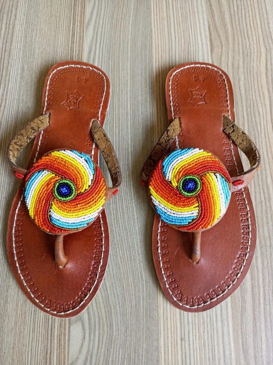 Handmade African Beaded Sandals/Authentic Maasai-Style Leather Flip-Flops Women/Boho Beach Sandals/Comfortable Summer Sandal African Gifts