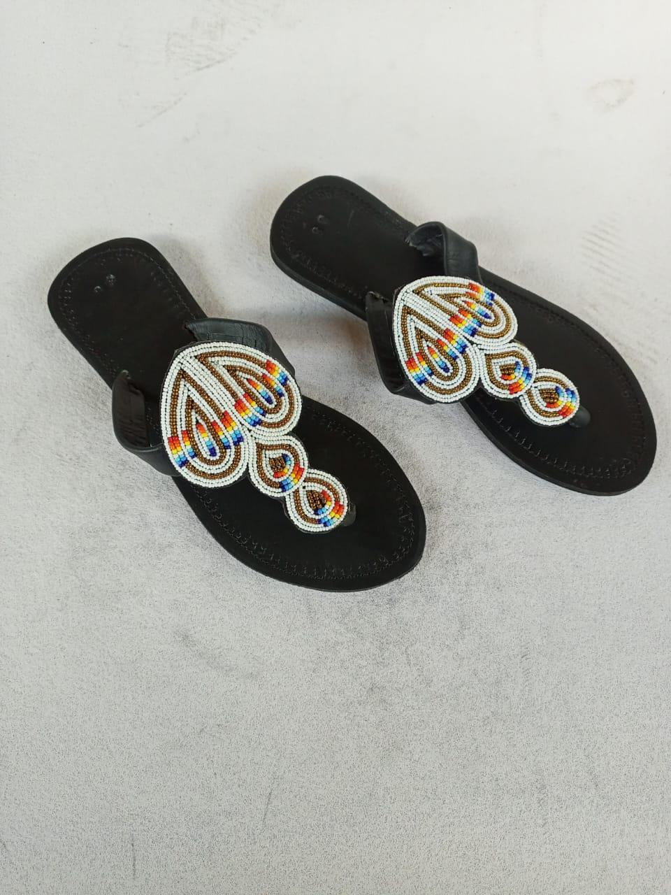 Handmade African Beaded Sandals/Authentic Maasai-Style Leather Flip-Flops Women/Boho Beach Sandals/Comfortable Summer Sandal African Gifts