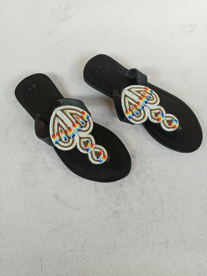 Handmade African Beaded Sandals/Authentic Maasai-Style Leather Flip-Flops Women/Boho Beach Sandals/Comfortable Summer Sandal African Gifts