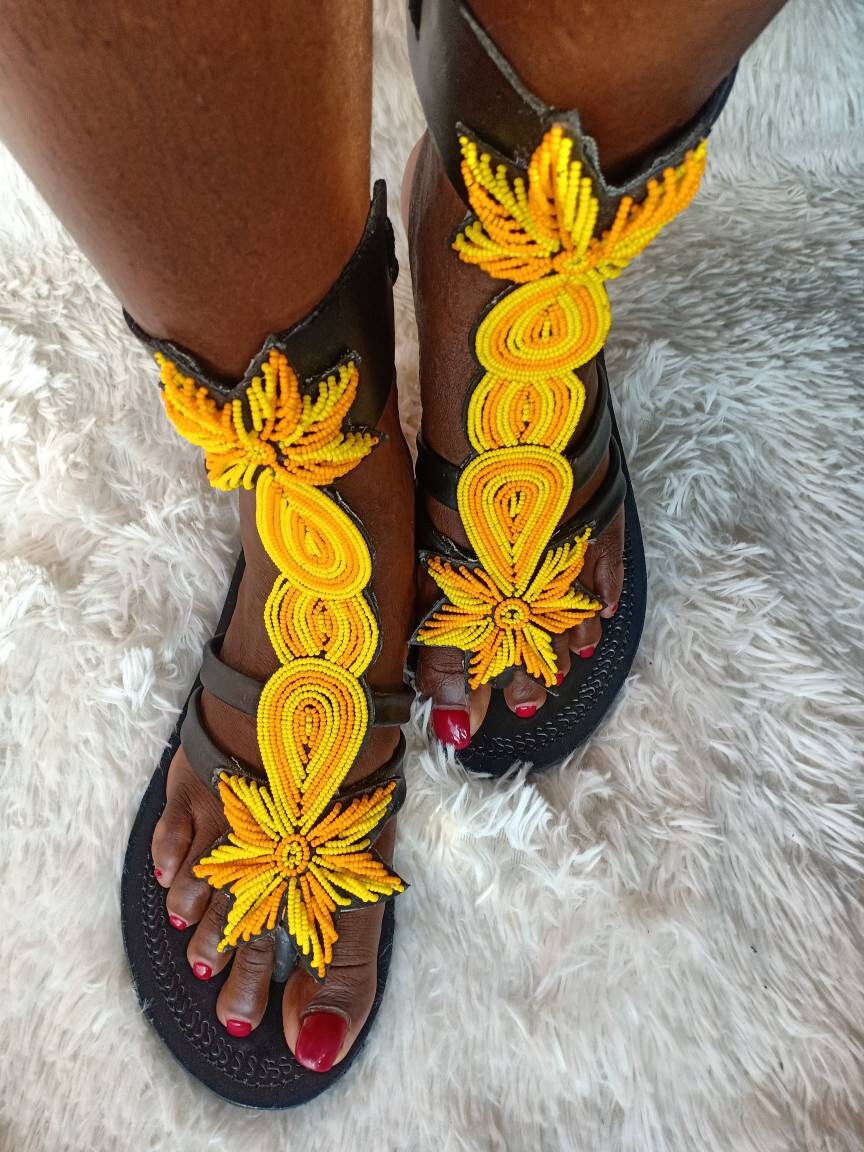 Handmade African Beaded Sandals/Authentic Maasai-Style Leather Flip-Flops Women/Boho Beach Sandals/Comfortable Summer Sandal African Gifts