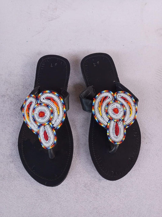 Handmade African Beaded Sandals/Authentic Maasai-Style Leather Flip-Flops Women/Boho Beach Sandals/Comfortable Summer Sandal African Gifts