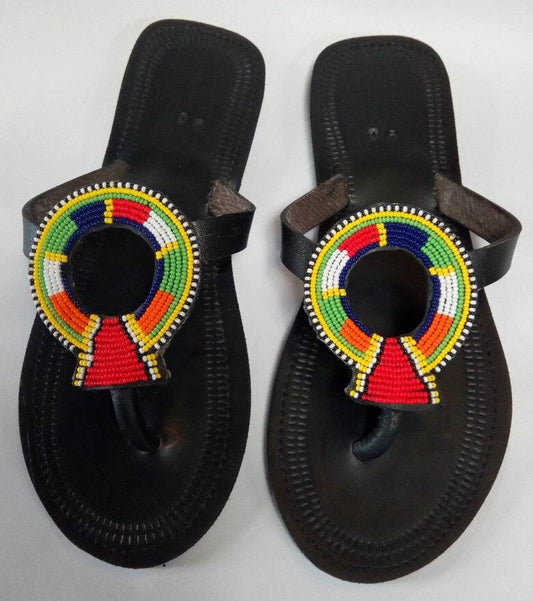 Handmade African Beaded Sandals/Authentic Maasai-Style Leather Flip-Flops Women/Boho Beach Sandals/Comfortable Summer Sandal African Gifts