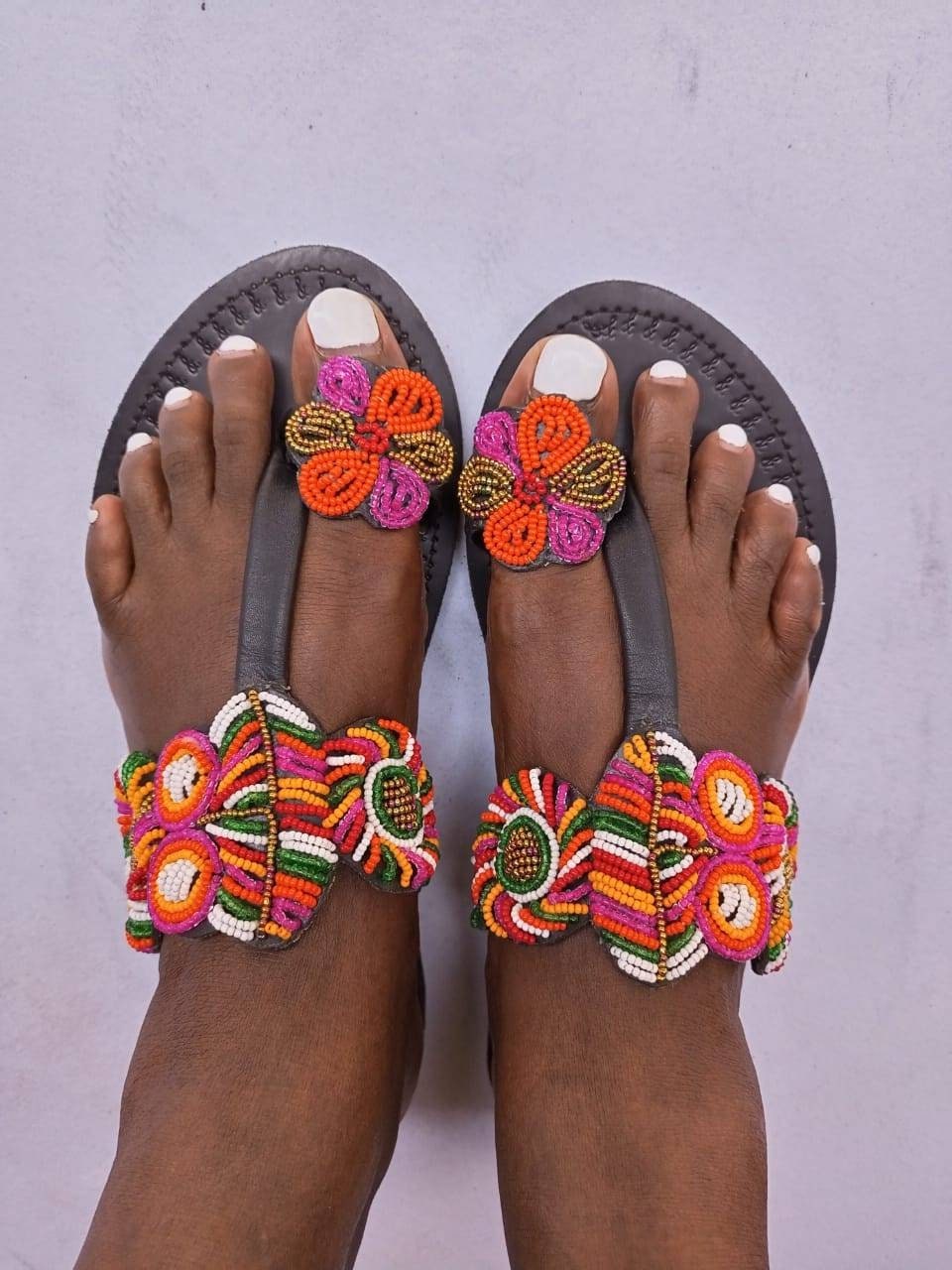 Handmade African Beaded Sandals/Authentic Maasai-Style Leather Flip-Flops Women/Boho Beach Sandals/Comfortable Summer Sandal African Gifts