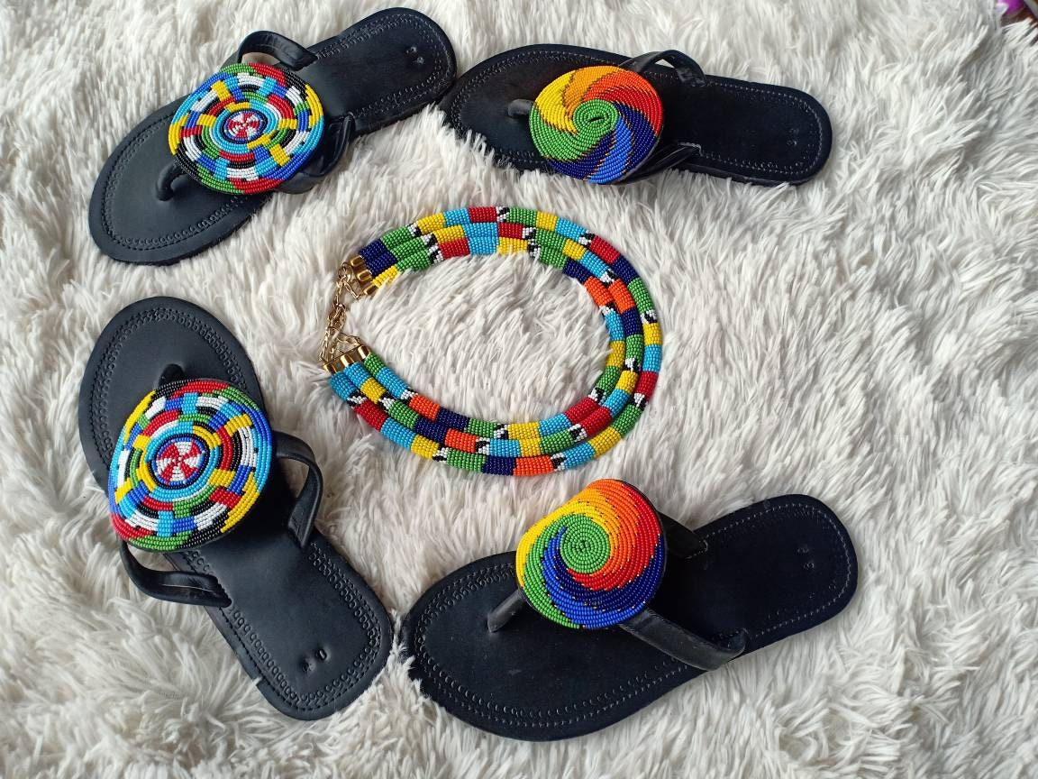 Handmade African Beaded Sandals/Authentic Maasai-Style Leather Flip-Flops Women/Boho Beach Sandals/Comfortable Summer Sandal African Gifts
