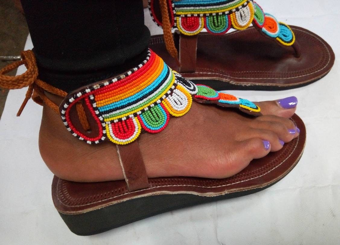 Handmade African Beaded Sandals/Authentic Maasai-Style Leather Flip-Flops Women/Boho Beach Sandals/Comfortable Summer Sandal African Gifts
