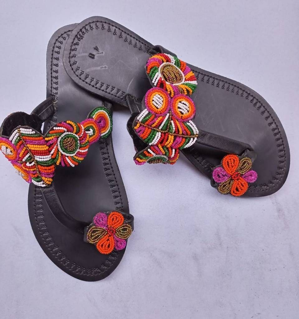 Handmade African Beaded Sandals/Authentic Maasai-Style Leather Flip-Flops Women/Boho Beach Sandals/Comfortable Summer Sandal African Gifts