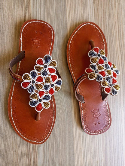 Handmade African Beaded Sandals/Authentic Maasai-Style Leather Flip-Flops Women/Boho Beach Sandals/Comfortable Summer Sandal African Gifts