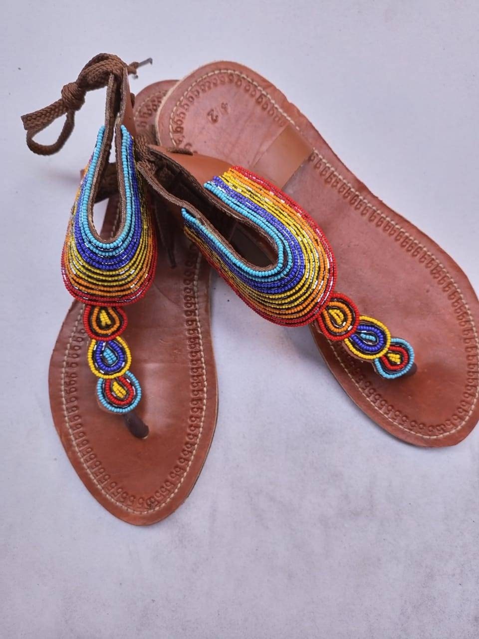 Handmade African Beaded Sandals/Authentic Maasai-Style Leather Flip-Flops Women/Boho Beach Sandals/Comfortable Summer Sandal African Gifts