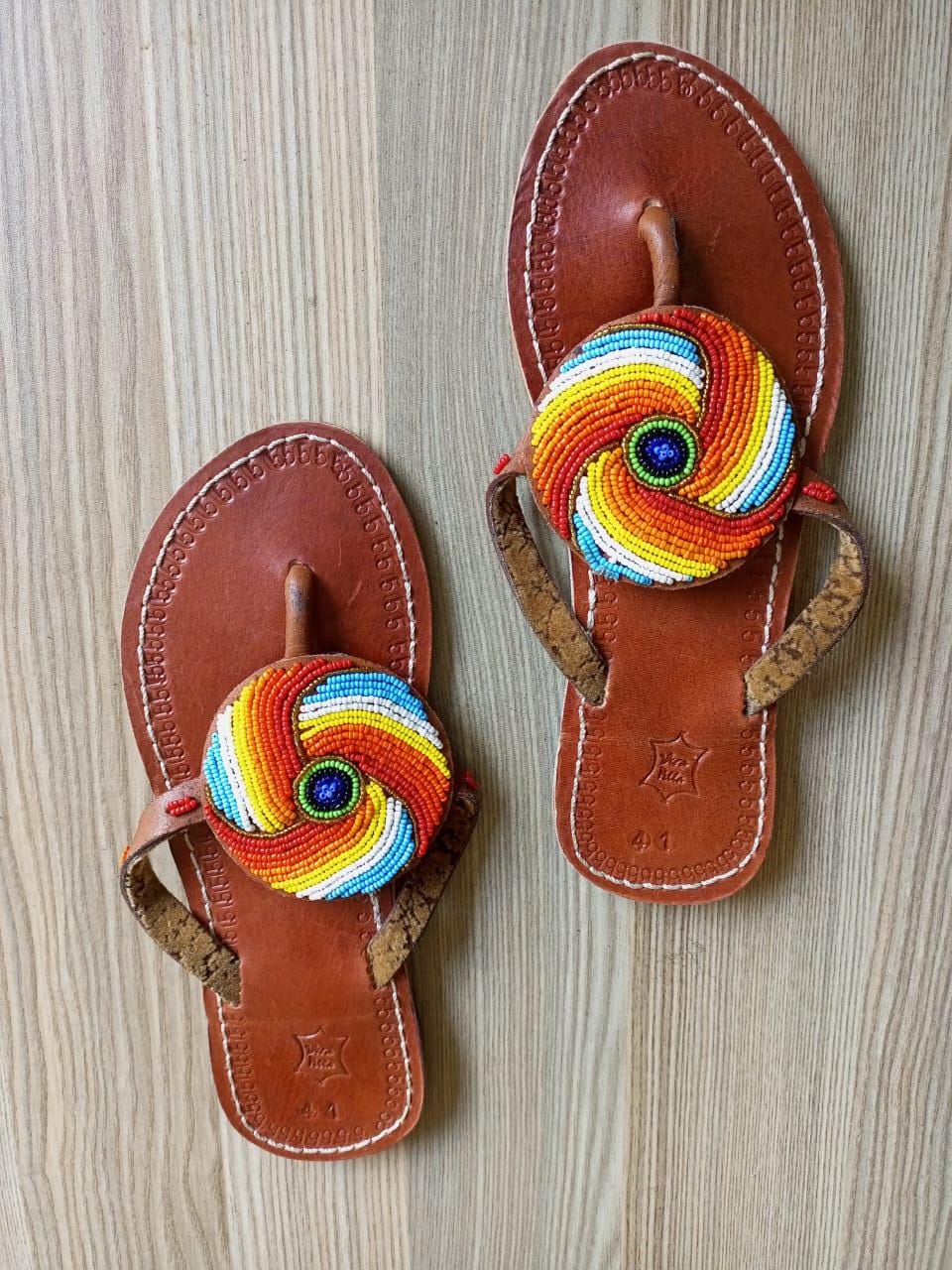 Handmade African Beaded Sandals/Authentic Maasai-Style Leather Flip-Flops Women/Boho Beach Sandals/Comfortable Summer Sandal African Gifts
