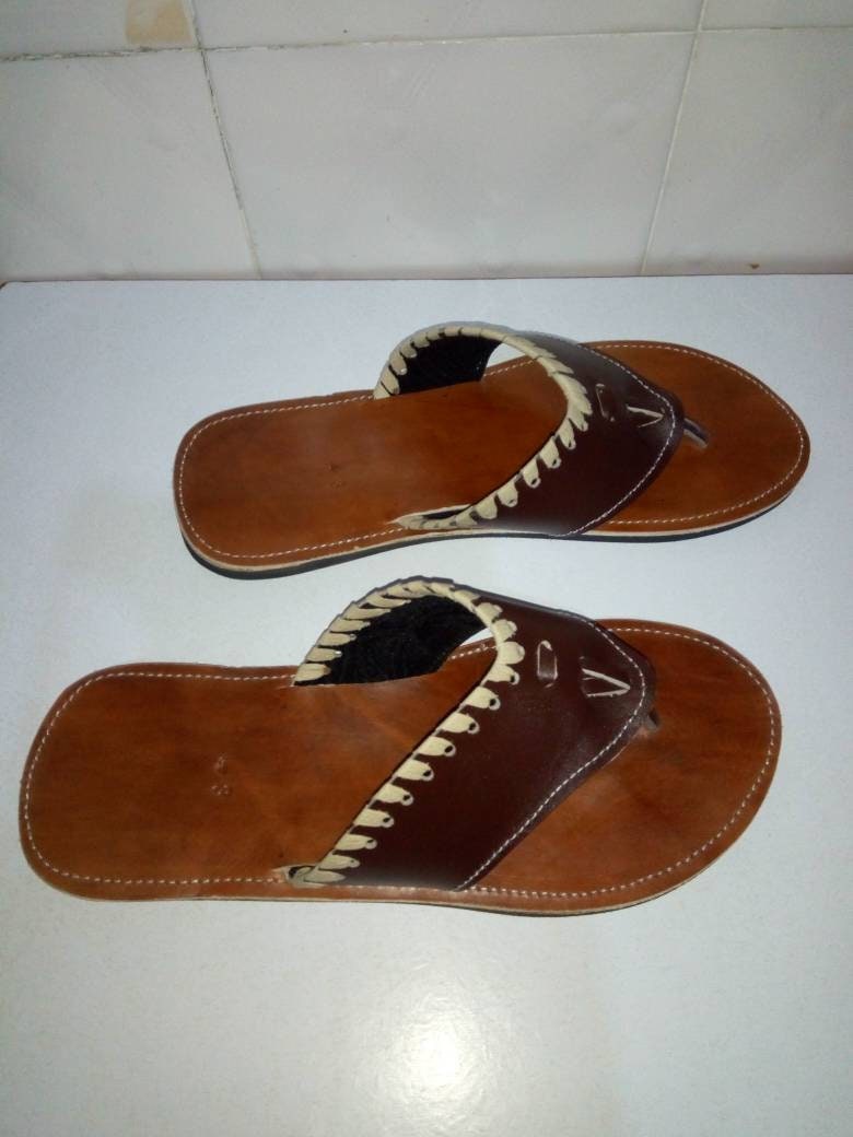 Handmade African Men's Sandals/Genuine Leather Beaded Flip-Flops/Comfortable Summer Sandals for Men/African Shoes/Unique Gift for Him