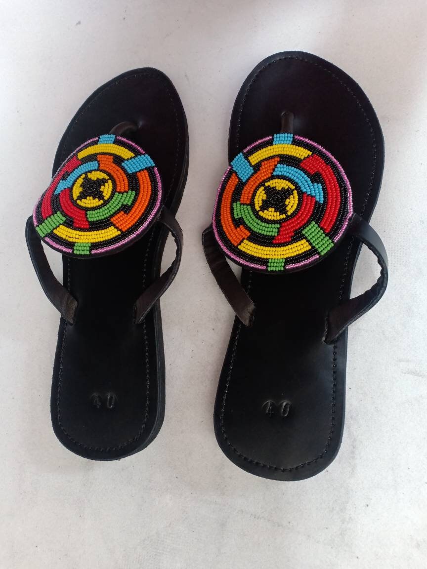 Handmade African Beaded Sandals/Authentic Maasai-Style Leather Flip-Flops Women/Boho Beach Sandals/Comfortable Summer Sandal African Gifts