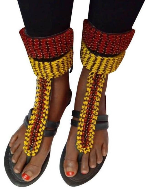 Handmade African Beaded Sandals/Authentic Maasai-Style Leather Flip-Flops Women/Boho Beach Sandals/Comfortable Summer Sandal African Gifts