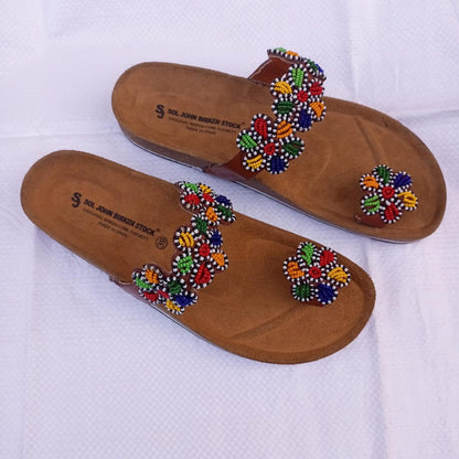 Handmade African Beaded Sandals/Authentic Maasai-Style Leather Flip-Flops Women/Boho Beach Sandals/Comfortable Summer Sandal African Gifts