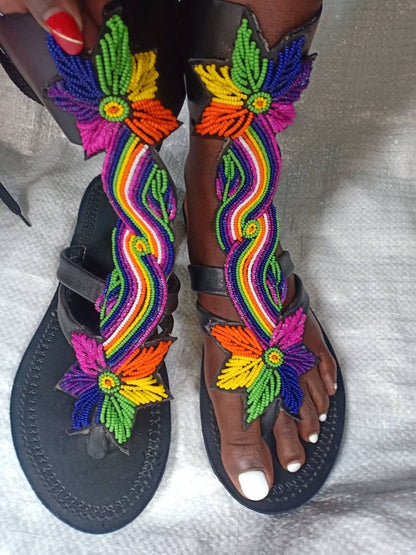 Handmade African Beaded Sandals/Authentic Maasai-Style Leather Flip-Flops Women/Boho Beach Sandals/Comfortable Summer Sandal African Gifts
