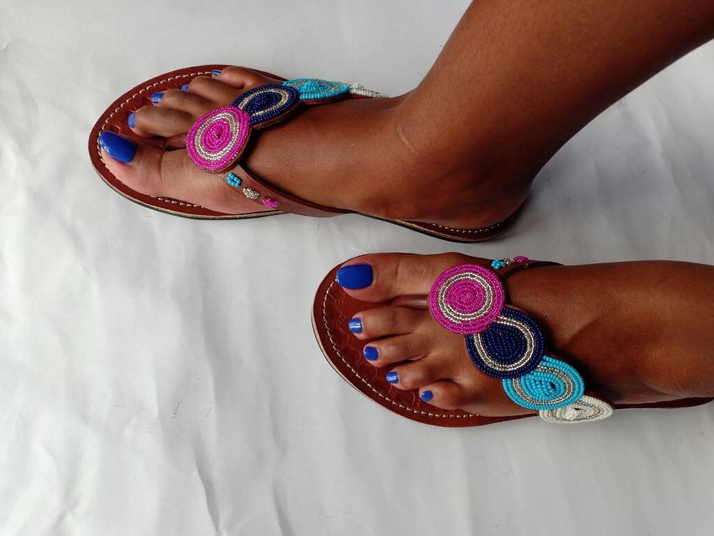 Handmade African Beaded Sandals/Authentic Maasai-Style Leather Flip-Flops Women/Boho Beach Sandals/Comfortable Summer Sandal African Gifts