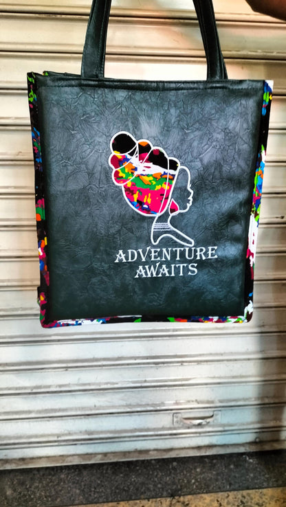 Adventure awaits tote,African Leather Tote bag, handcrafted laptop bag,Black woman modern African tote bag, Stylish tote bag,Brown girl bag.