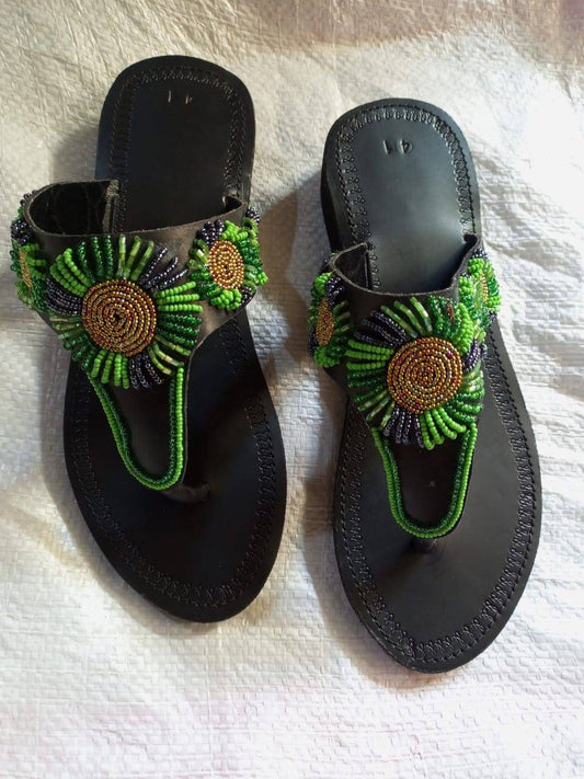 Handmade African Beaded Sandals/Authentic Maasai-Style Leather Flip-Flops Women/Boho Beach Sandals/Comfortable Summer Sandal African Gifts