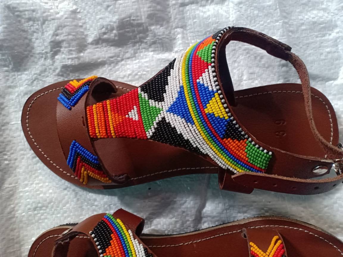 Handmade African Beaded Sandals/Authentic Maasai-Style Leather Flip-Flops Women/Boho Beach Sandals/Comfortable Summer Sandal African Gifts