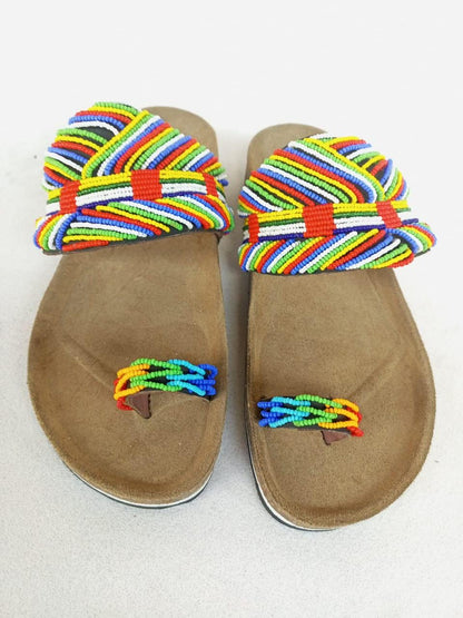 Handmade African Beaded Sandals/Authentic Maasai-Style Leather Flip-Flops Women/Boho Beach Sandals/Comfortable Summer Sandal African Gifts