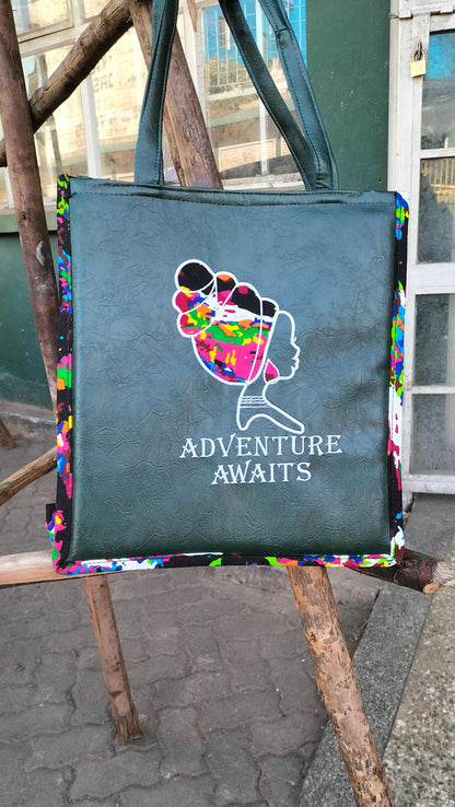 Adventure awaits tote,African Leather Tote bag, handcrafted laptop bag,Black woman modern African tote bag, Stylish tote bag,Brown girl bag.