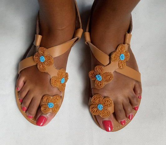 Handmade African Beaded Sandals/Authentic Maasai-Style Leather Flip-Flops Women/Boho Beach Sandals/Comfortable Summer Sandal African Gifts