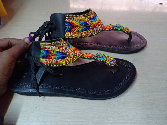Handmade African Beaded Sandals/Authentic Maasai-Style Leather Flip-Flops Women/Boho Beach Sandals/Comfortable Summer Sandal African Gifts