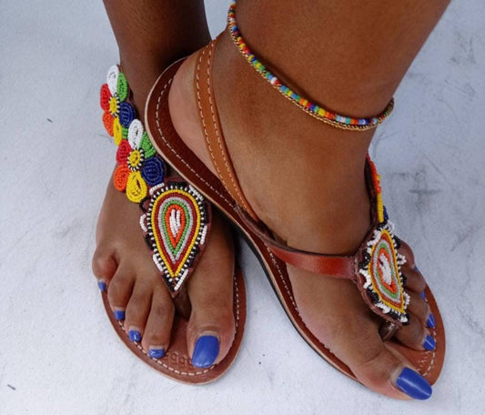 Handmade African Beaded Sandals/Authentic Maasai-Style Leather Flip-Flops Women/Boho Beach Sandals/Comfortable Summer Sandal African Gifts