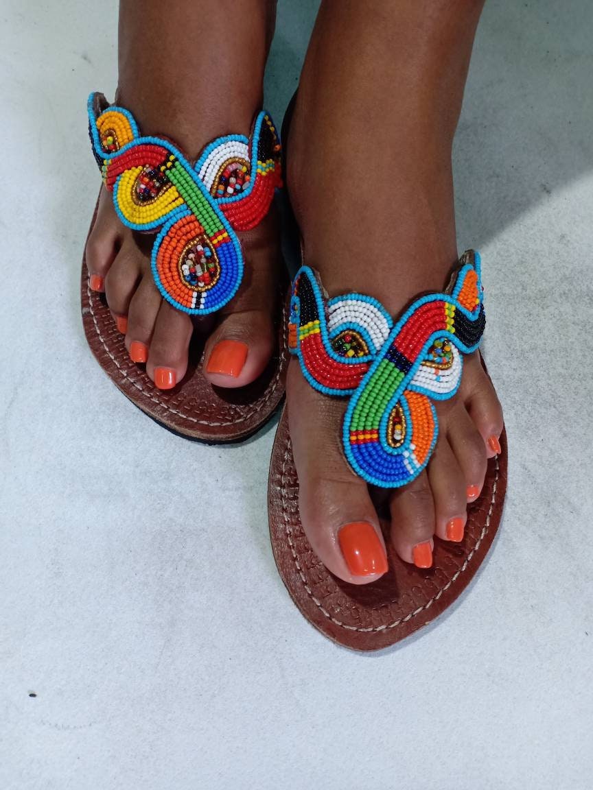 Handmade African Beaded Sandals/Authentic Maasai-Style Leather Flip-Flops Women/Boho Beach Sandals/Comfortable Summer Sandal African Gifts