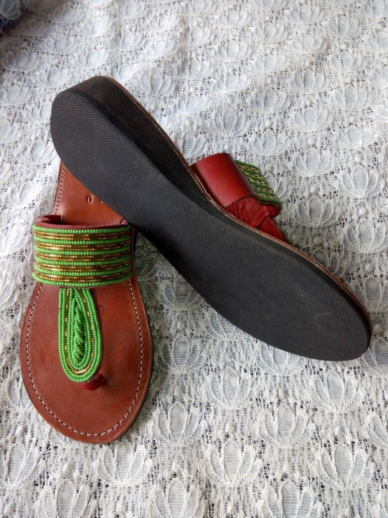 Handmade African Beaded Sandals/Authentic Maasai-Style Leather Flip-Flops Women/Boho Beach Sandals/Comfortable Summer Sandal African Gifts
