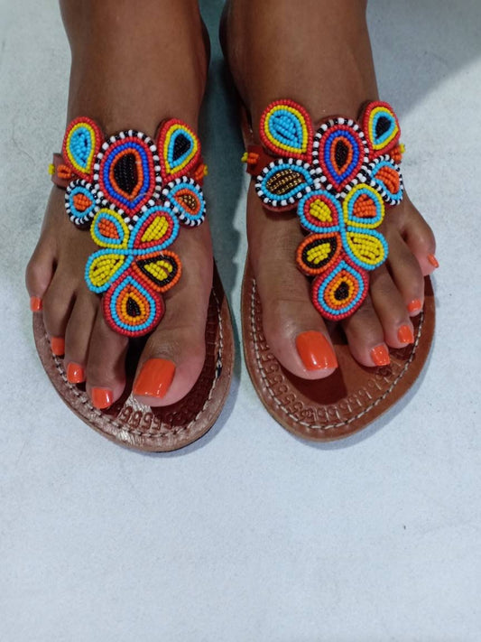 Handmade African Beaded Sandals/Authentic Maasai-Style Leather Flip-Flops Women/Boho Beach Sandals/Comfortable Summer Sandal African Gifts
