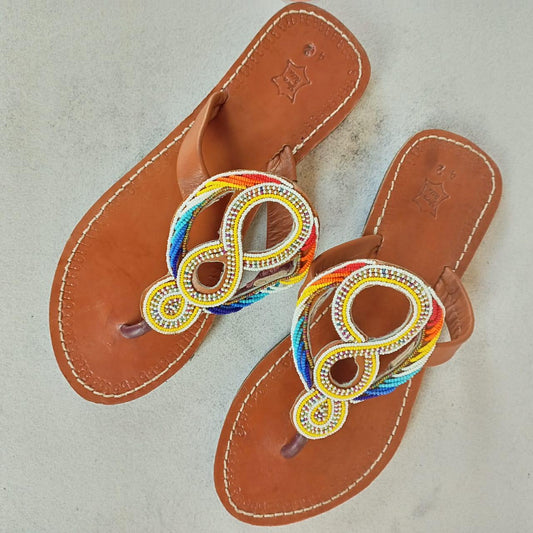 Handmade African Beaded Sandals/Authentic Maasai-Style Leather Flip-Flops Women/Boho Beach Sandals/Comfortable Summer Sandal African Gifts