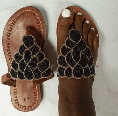 Handmade African Beaded Sandals/Authentic Maasai-Style Leather Flip-Flops Women/Boho Beach Sandals/Comfortable Summer Sandal African Gifts