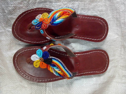 Handmade African Beaded Sandals/Authentic Maasai-Style Leather Flip-Flops Women/Boho Beach Sandals/Comfortable Summer Sandal African Gifts