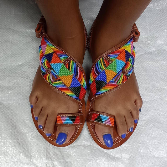 Handmade African Beaded Sandals/Authentic Maasai-Style Leather Flip-Flops Women/Boho Beach Sandals/Comfortable Summer Sandal African Gifts