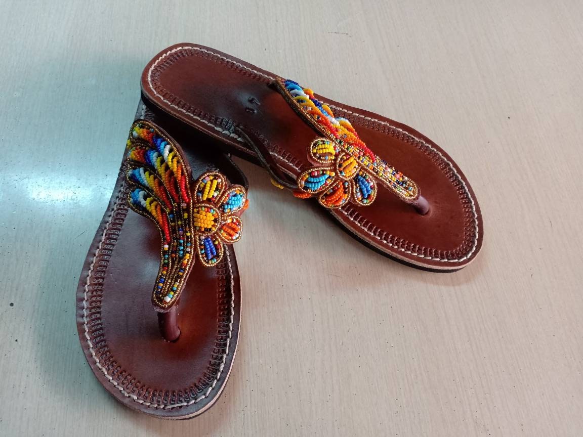 Handmade African Beaded Sandals/Authentic Maasai-Style Leather Flip-Flops Women/Boho Beach Sandals/Comfortable Summer Sandal African Gifts