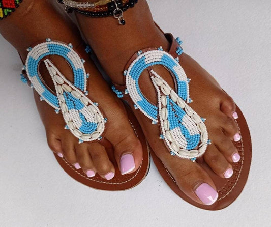 Handmade African Beaded Sandals/Authentic Maasai-Style Leather Flip-Flops Women/Boho Beach Sandals/Comfortable Summer Sandal African Gifts