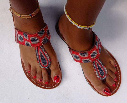 Handmade African Beaded Sandals/Authentic Maasai-Style Leather Flip-Flops Women/Boho Beach Sandals/Comfortable Summer Sandal African Gifts