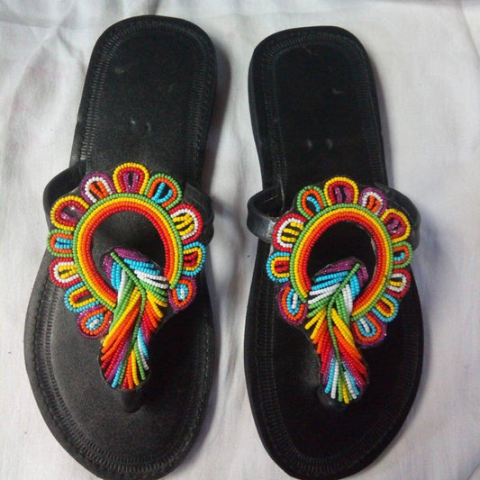 Handmade African Beaded Sandals/Authentic Maasai-Style Leather Flip-Flops Women/Boho Beach Sandals/Comfortable Summer Sandal African Gifts