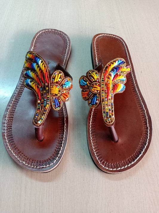 Handmade African Beaded Sandals/Authentic Maasai-Style Leather Flip-Flops Women/Boho Beach Sandals/Comfortable Summer Sandal African Gifts