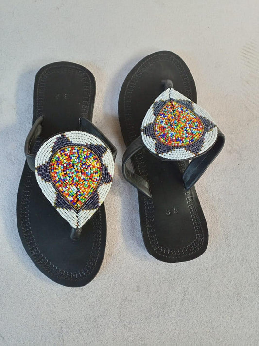 Handmade African Beaded Sandals/Authentic Maasai-Style Leather Flip-Flops Women/Boho Beach Sandals/Comfortable Summer Sandal African Gifts
