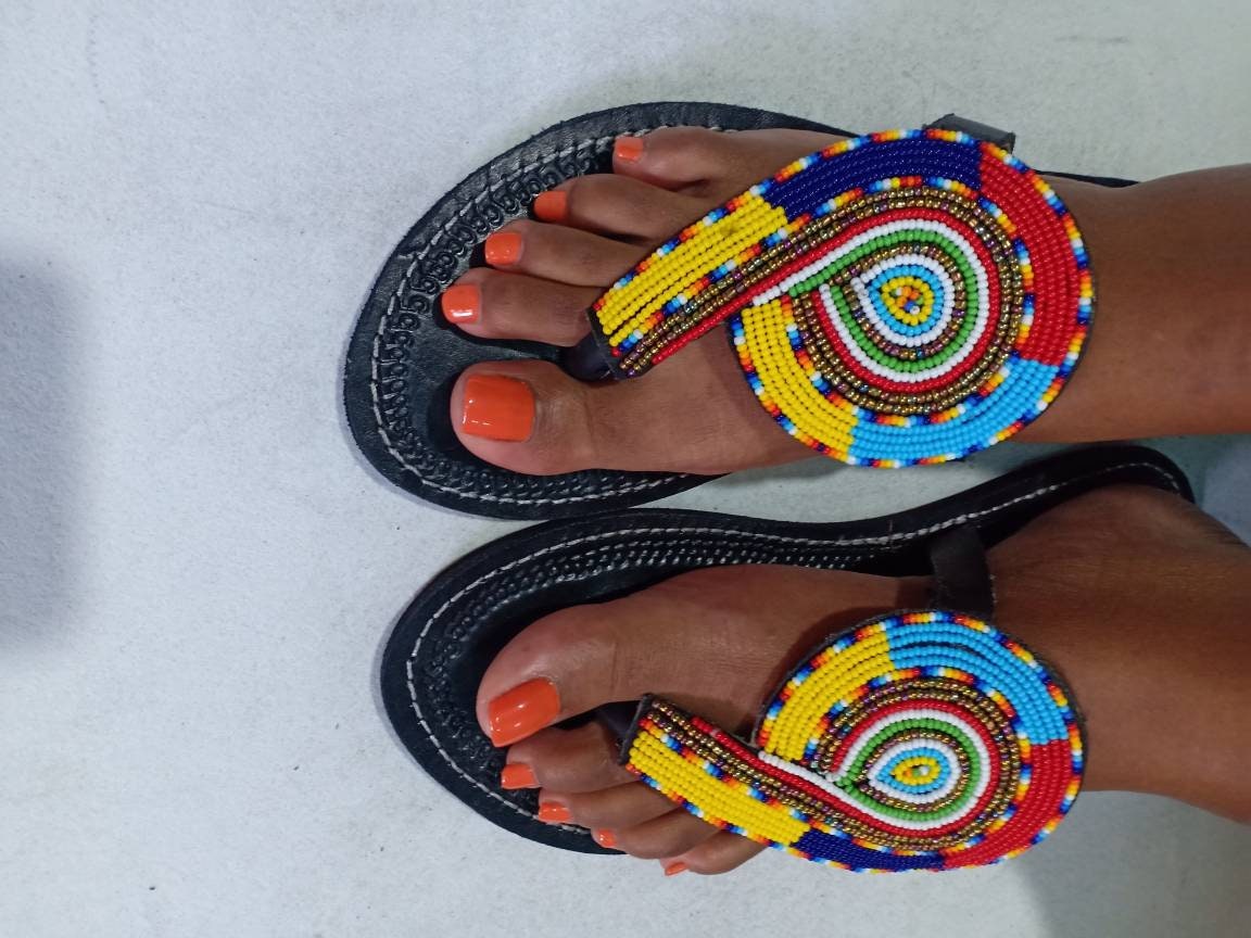 Handmade African Beaded Sandals/Authentic Maasai-Style Leather Flip-Flops Women/Boho Beach Sandals/Comfortable Summer Sandal African Gifts