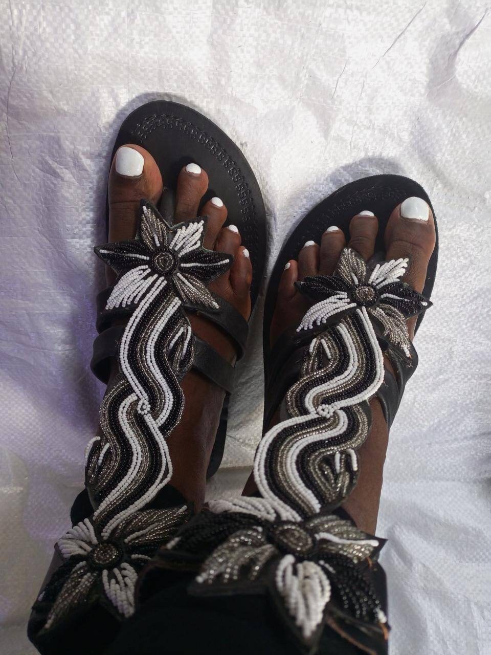 Handmade African Beaded Sandals/Authentic Maasai-Style Leather Flip-Flops Women/Boho Beach Sandals/Comfortable Summer Sandal African Gifts