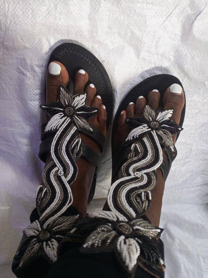 Handmade African Beaded Sandals/Authentic Maasai-Style Leather Flip-Flops Women/Boho Beach Sandals/Comfortable Summer Sandal African Gifts