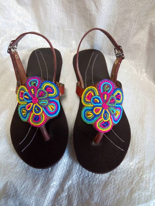 Handmade African Beaded Sandals/Authentic Maasai-Style Leather Flip-Flops Women/Boho Beach Sandals/Comfortable Summer Sandal African Gifts