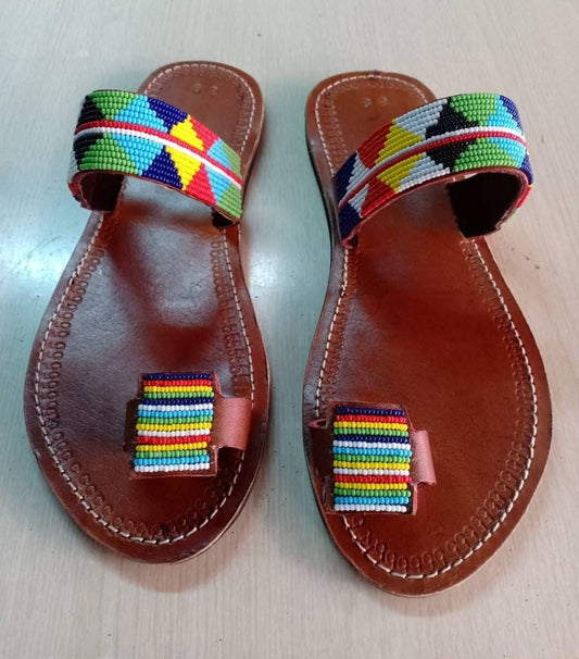 Handmade African Beaded Sandals/Authentic Maasai-Style Leather Flip-Flops Women/Boho Beach Sandals/Comfortable Summer Sandal African Gifts