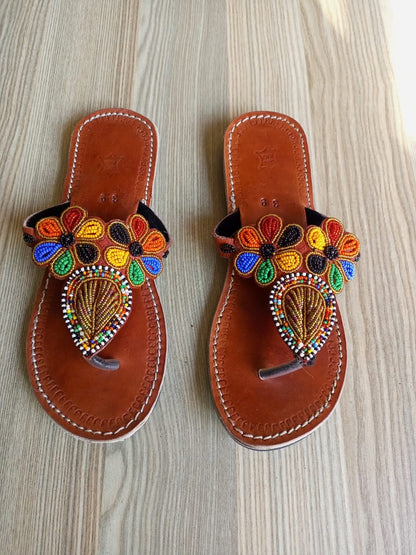 Handmade African Beaded Sandals/Authentic Maasai-Style Leather Flip-Flops Women/Boho Beach Sandals/Comfortable Summer Sandal African Gifts